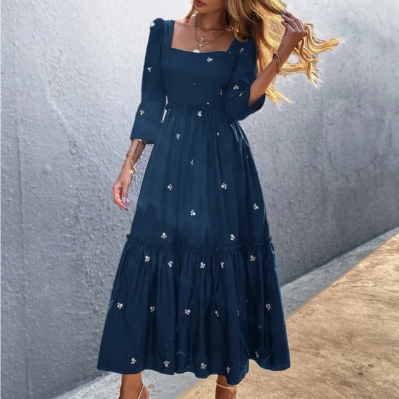 Boho Blue Floral Print Embroidered Ruffle Dress - Picture 5 of 5